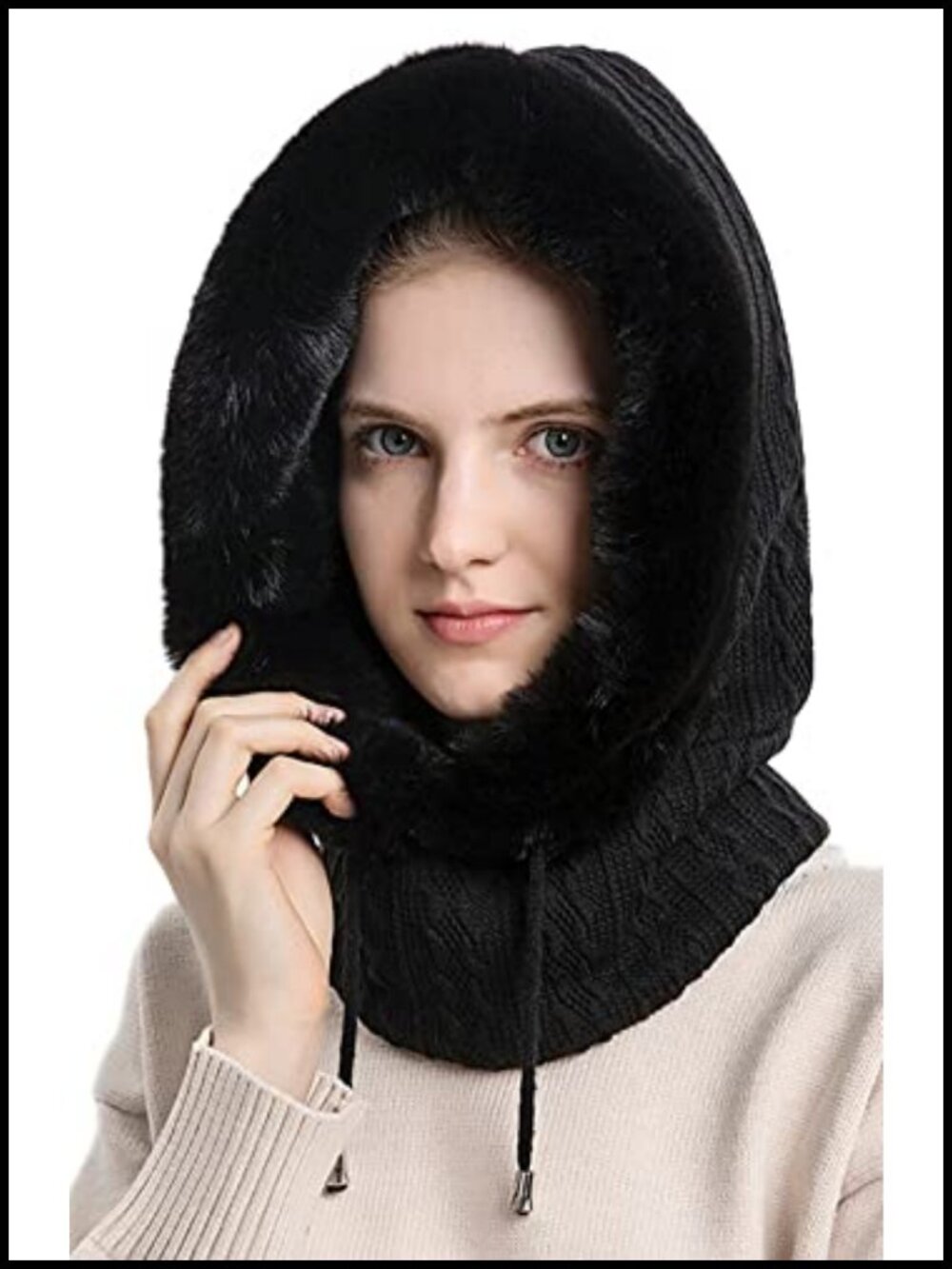 Faux Fur Lined Slouchy Beanie Scarf Mask Balaclava Knit Cap